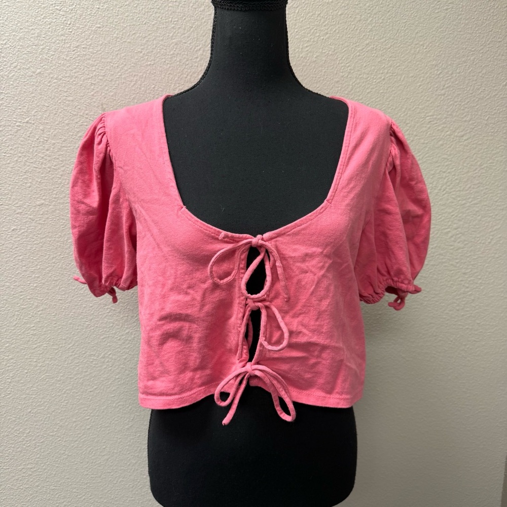 Free People Pink Tie Front Crop Top Puff Sleeve Boho Summer Festival Tee - Picture 2 of 13